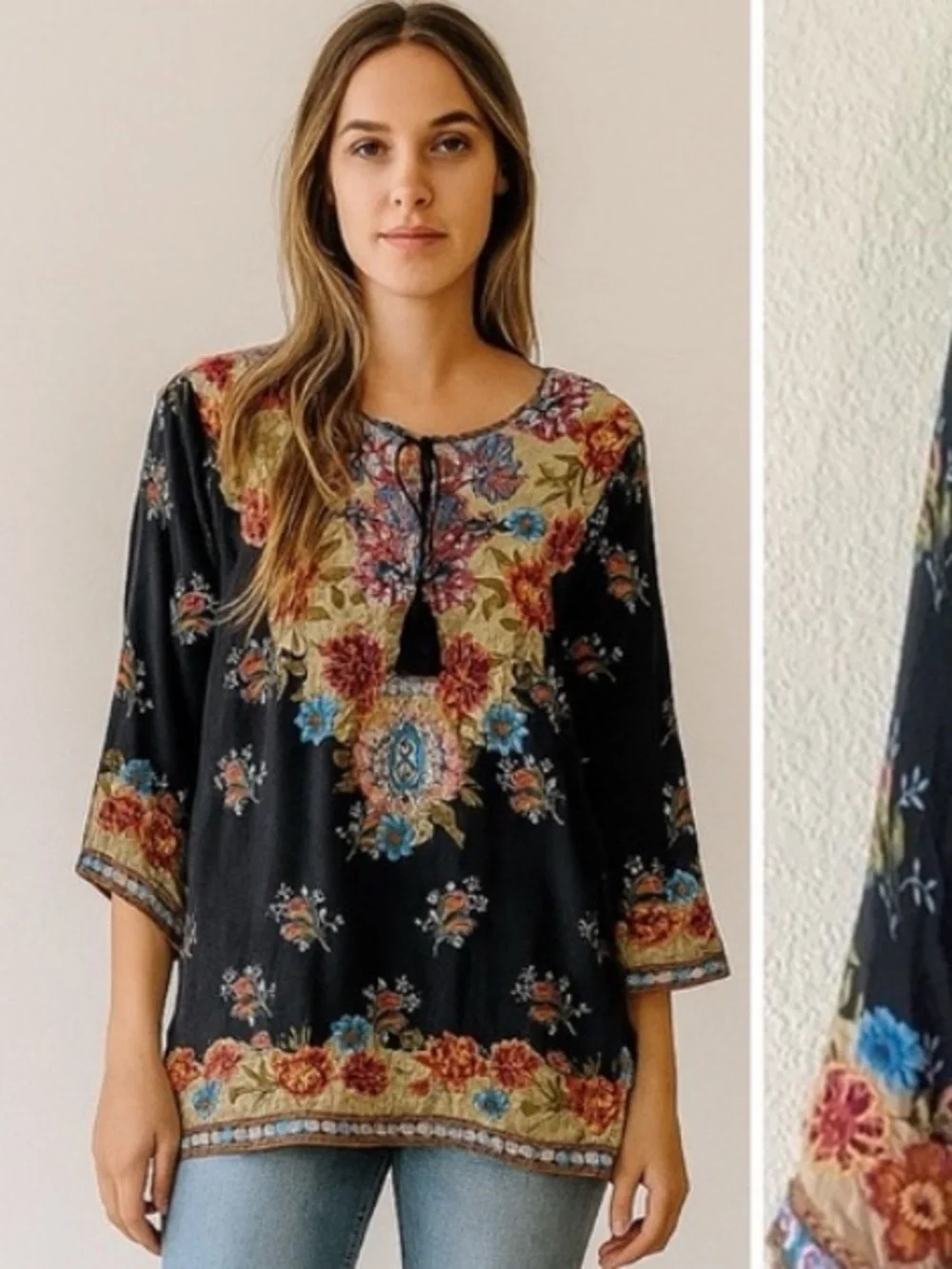Sundance Tolani Vegan Silk Cupro Floral Embroidered Boho Blouse Top Small